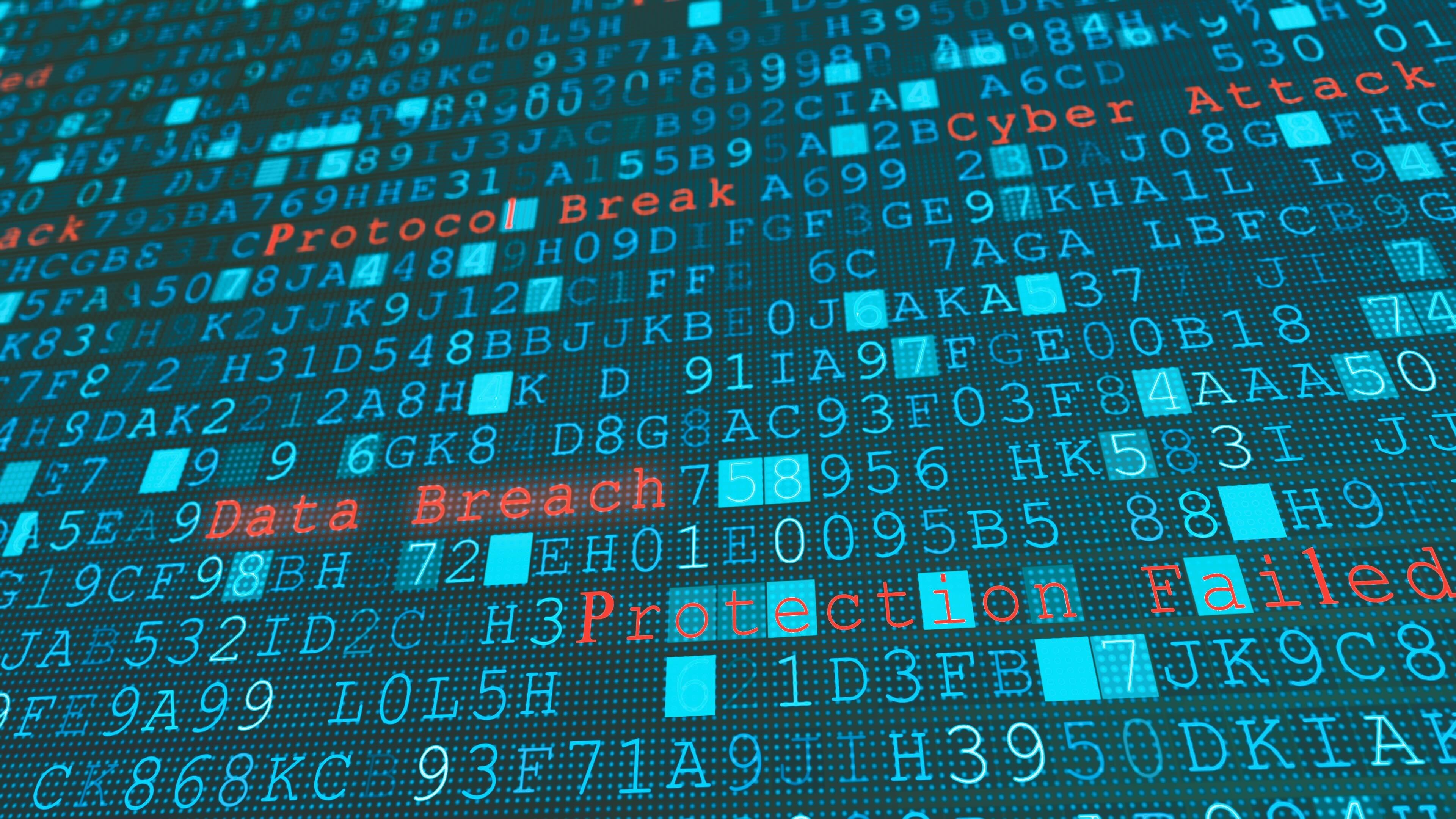 Matrix of numbers and letters spelling out cyber attack, data breach and other cybersecurity issues